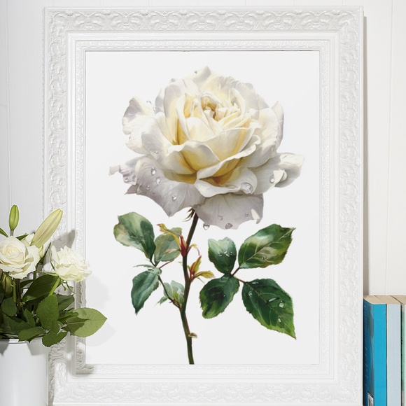 Watercolor Single White Rose Wall Art Print Poster, Unframed - Delicate Floral - Picture 6 of 6
